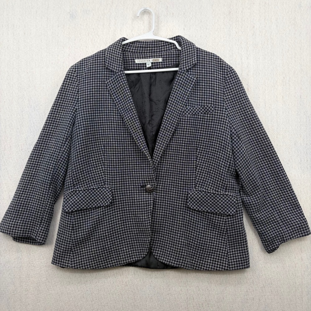 Veronica Beard Navy White Check Cotton Blazer Jacket Crest Button Womens 16